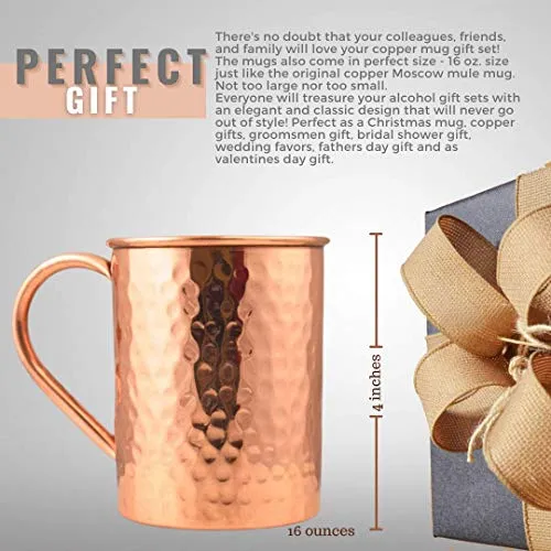Advanced Mixology [Gift Set] Moscow Mule Mugs - 100% Pure Copper Mugs, 16 Ounce Set of 4 Stylish Designed Mugs with 4 Artisan Hand Crafted Wooden Coasters