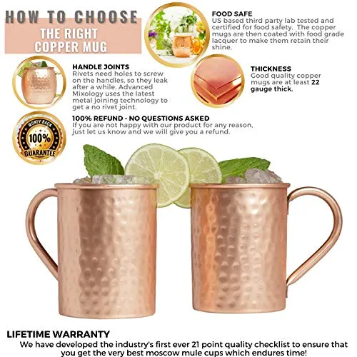 Advanced Mixology [Gift Set] Moscow Mule Mugs - 100% Pure Copper Mugs, 16 Ounce Set of 4 Stylish Designed Mugs with 4 Artisan Hand Crafted Wooden Coasters