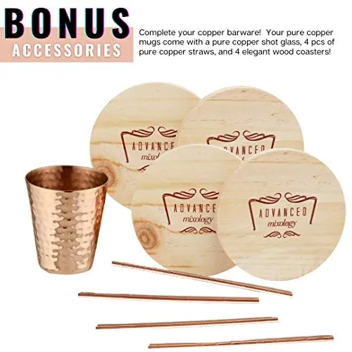 Advanced Mixology [Gift Set] Moscow Mule Mugs - 100% Pure Copper Mugs, 16 Ounce Set of 4 Stylish Designed Mugs with 4 Artisan Hand Crafted Wooden Coasters