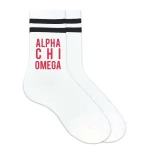 Alpha Chi Omega in Sorority Color on Striped Crew Socks