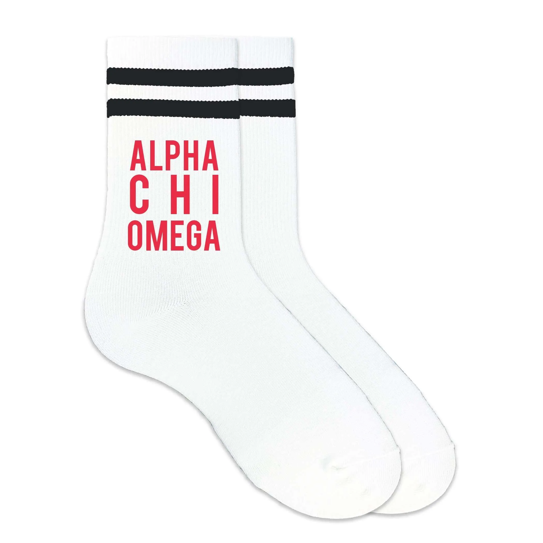 Alpha Chi Omega in Sorority Color on Striped Crew Socks