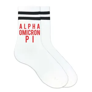 Alpha Omicron Pi in Sorority Color on Striped Crew Socks