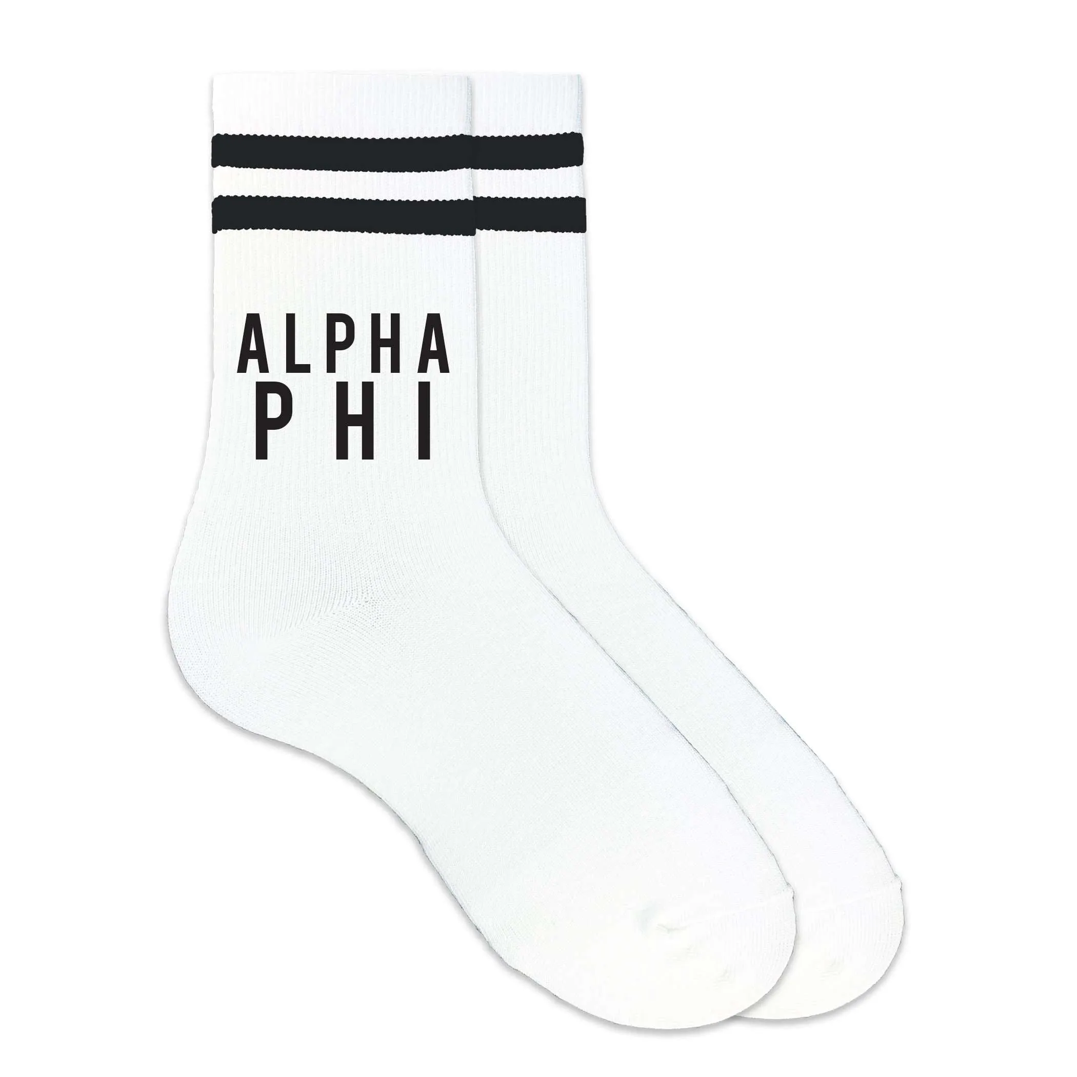Alpha Phi Black Writing Striped Crew Socks