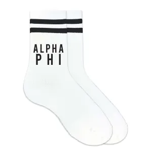 Alpha Phi Black Writing Striped Crew Socks