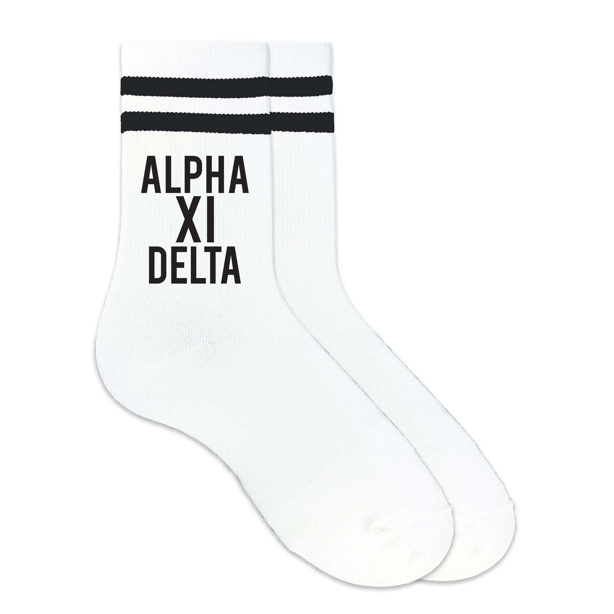 Alpha Xi Delta Black Writing Striped Crew Socks