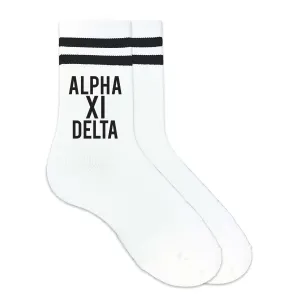 Alpha Xi Delta Black Writing Striped Crew Socks