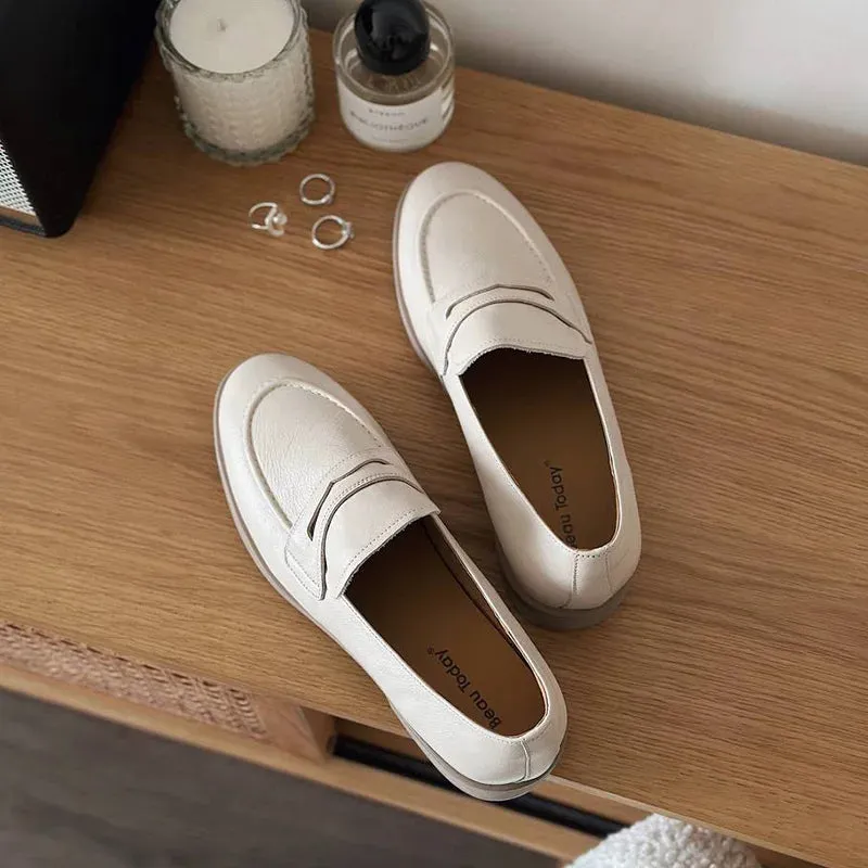Beautoday Penny Loafers Women Genuine Cow Leather Round Toe Flats Slip-on Retro Vintage Ladies Casual Shoes Handmade HW26119