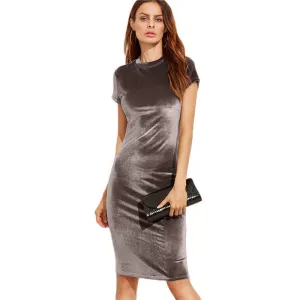 Brown Velvet Sheath Dress Office Ladies Round Neck Slim Pencil Dress Work Wear Knee Length Dress