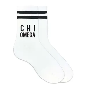 Chi Omega Black Writing Striped Crew Socks