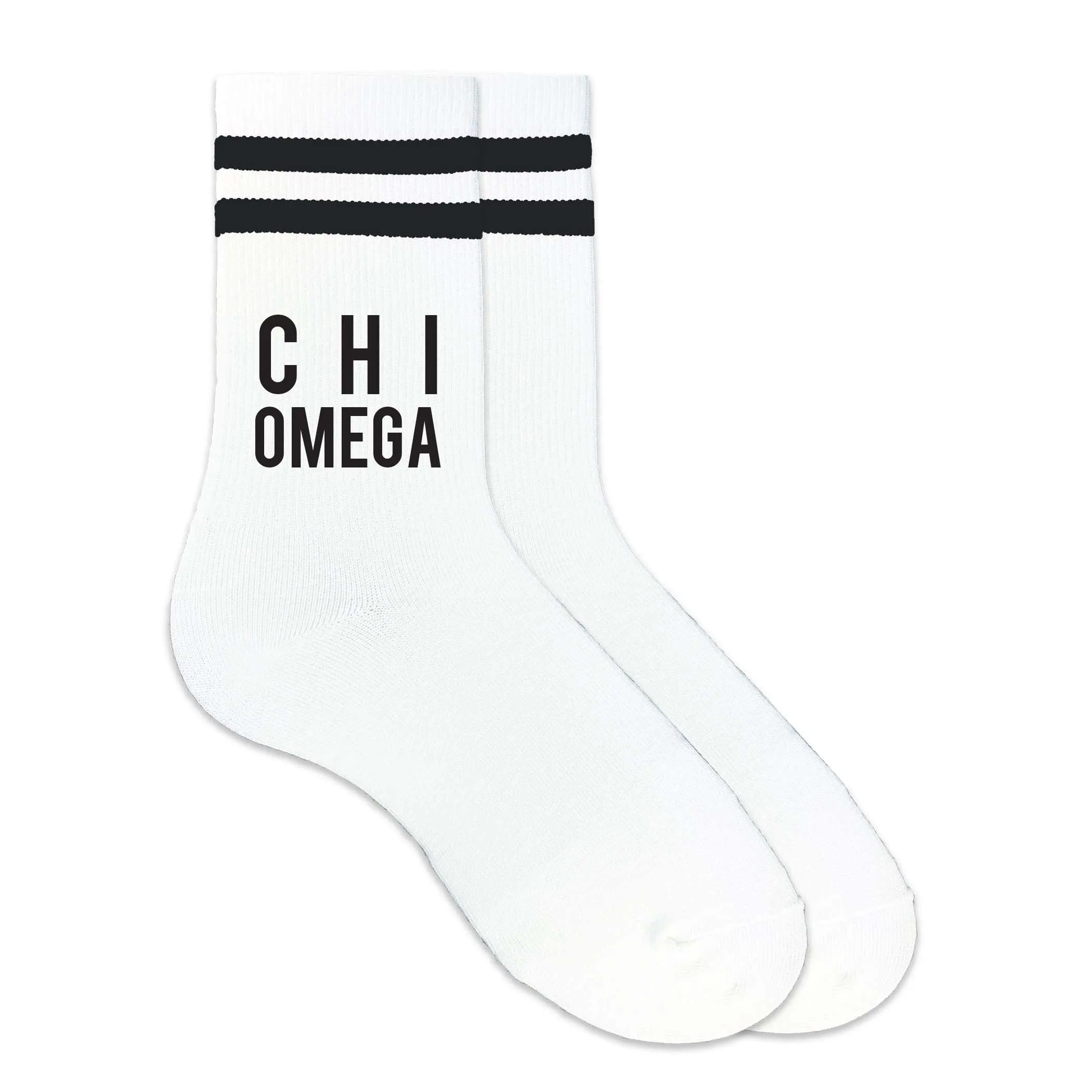Chi Omega Black Writing Striped Crew Socks