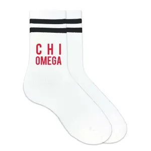 Chi Omega in Sorority Color on Striped Crew Socks