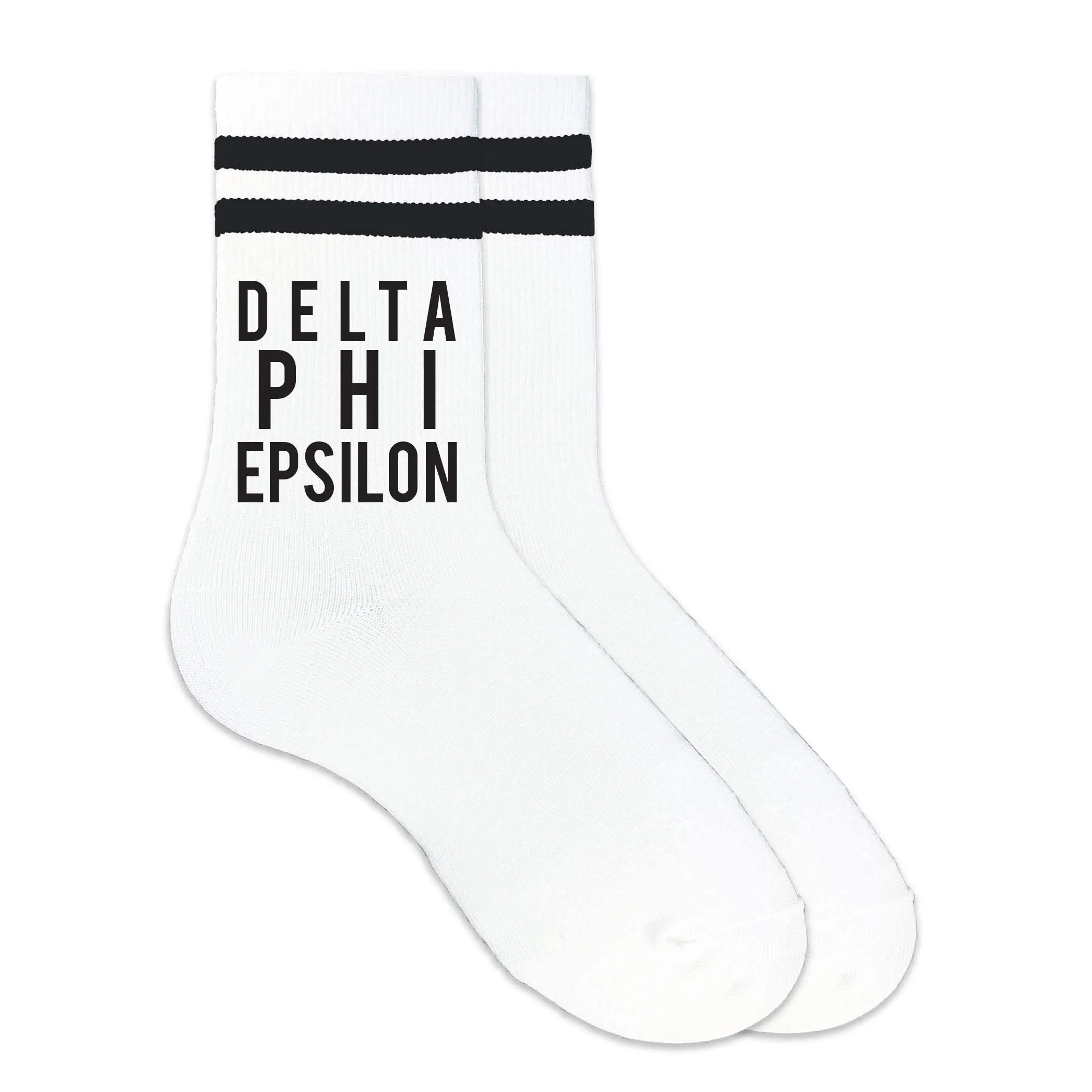 Delta Phi Epsilon Black Writing Striped Crew Socks