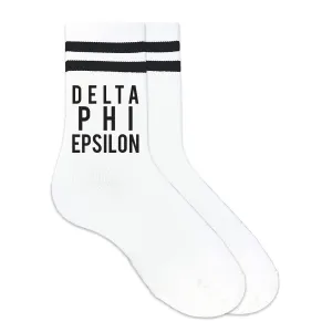 Delta Phi Epsilon Black Writing Striped Crew Socks