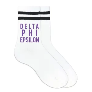 Delta Phi Epsilon in Sorority Color on Striped Crew Socks