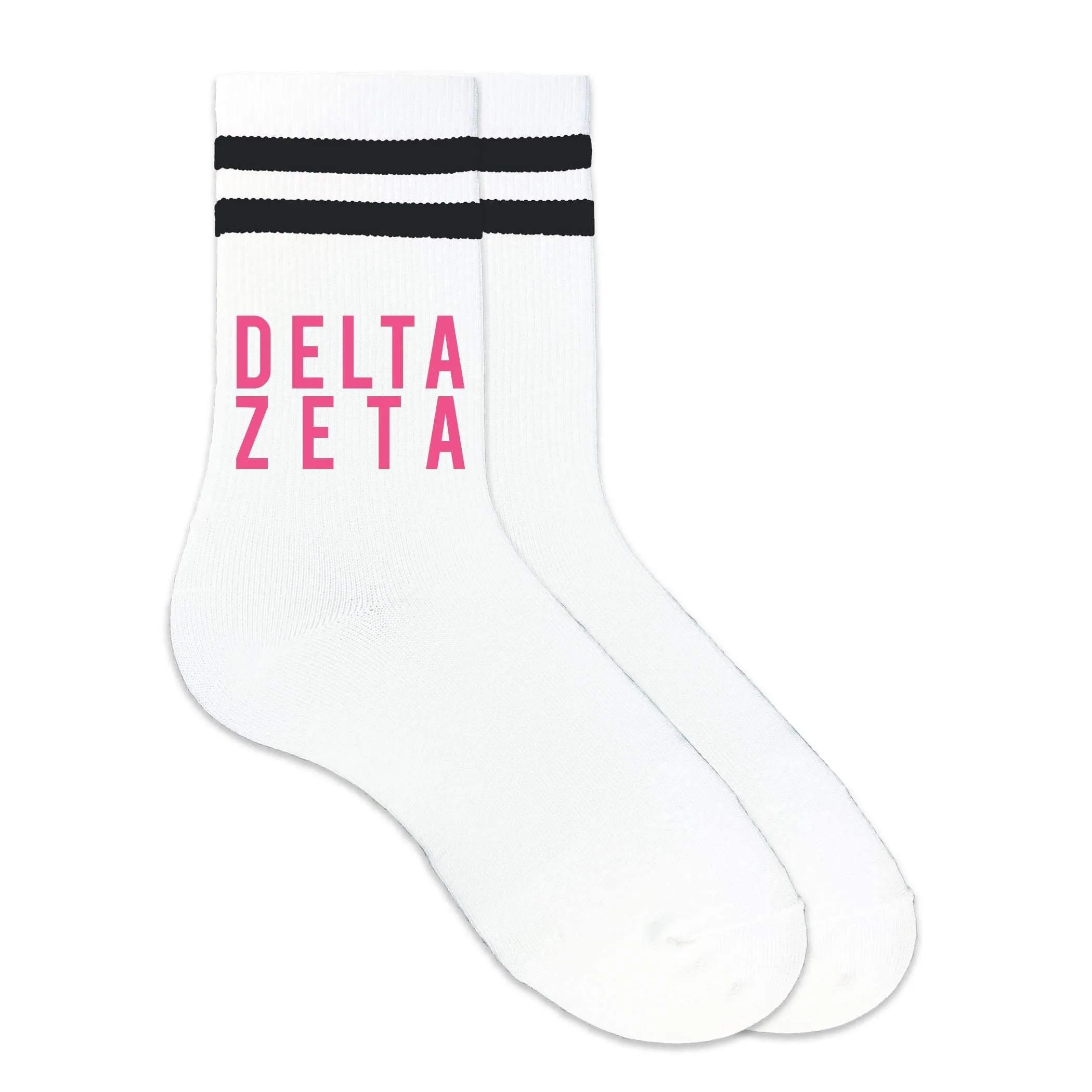 Delta Zeta in Sorority Color on Striped Crew Socks