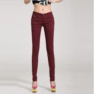 Fashion Pencil Jeans Woman Candy Colored Mid Waist Full Length Zipper Slim Fit Skinny Women Pants WKP004
