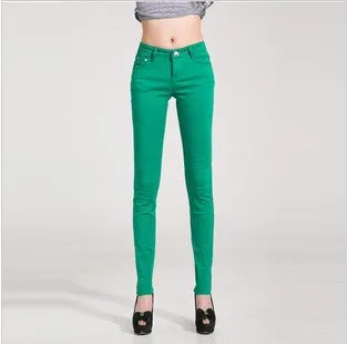 Fashion Pencil Jeans Woman Candy Colored Mid Waist Full Length Zipper Slim Fit Skinny Women Pants WKP004