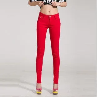 Fashion Pencil Jeans Woman Candy Colored Mid Waist Full Length Zipper Slim Fit Skinny Women Pants WKP004
