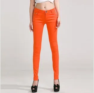 Fashion Pencil Jeans Woman Candy Colored Mid Waist Full Length Zipper Slim Fit Skinny Women Pants WKP004