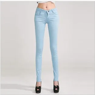 Fashion Pencil Jeans Woman Candy Colored Mid Waist Full Length Zipper Slim Fit Skinny Women Pants WKP004