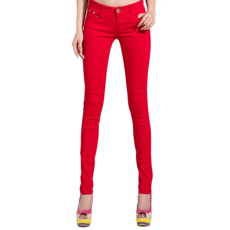 Fashion Pencil Jeans Woman Candy Colored Mid Waist Full Length Zipper Slim Fit Skinny Women Pants WKP004