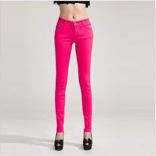 Fashion Pencil Jeans Woman Candy Colored Mid Waist Full Length Zipper Slim Fit Skinny Women Pants WKP004
