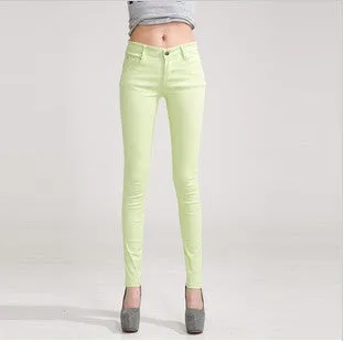 Fashion Pencil Jeans Woman Candy Colored Mid Waist Full Length Zipper Slim Fit Skinny Women Pants WKP004