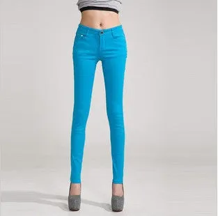 Fashion Pencil Jeans Woman Candy Colored Mid Waist Full Length Zipper Slim Fit Skinny Women Pants WKP004