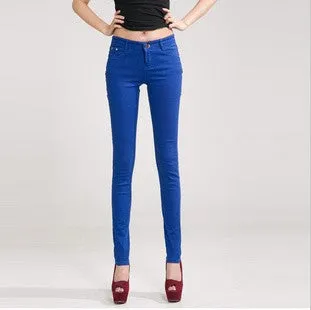 Fashion Pencil Jeans Woman Candy Colored Mid Waist Full Length Zipper Slim Fit Skinny Women Pants WKP004