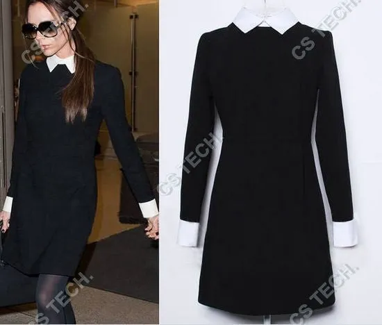 Fashion Star Style Victoria Beckham Dress Slim Elegant Turn-down Collar Long Sleeve Black Dresses for Women