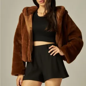 FOXY PLUSH FAUX FUR HOODED JACKET - TEDDY BEAR