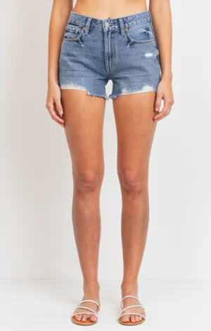 High Rise Destroyed Denim Shorts