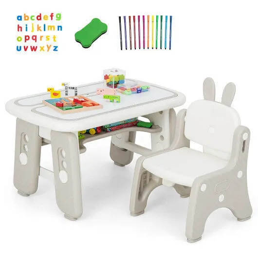 Kids Table and Chair Set with Flip-Top Bookshelf-Gray - Color: Gray