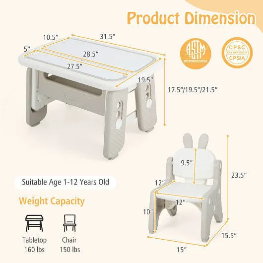 Kids Table and Chair Set with Flip-Top Bookshelf-Gray - Color: Gray
