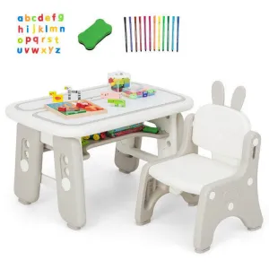 Kids Table and Chair Set with Flip-Top Bookshelf-Gray - Color: Gray