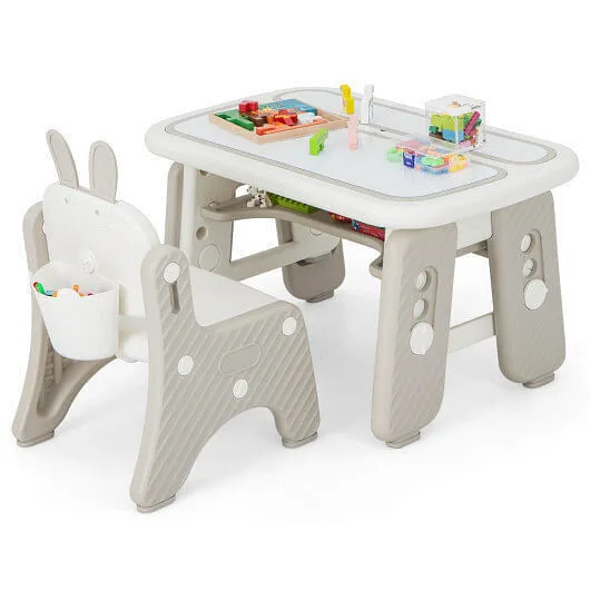 Kids Table and Chair Set with Flip-Top Bookshelf-Gray - Color: Gray