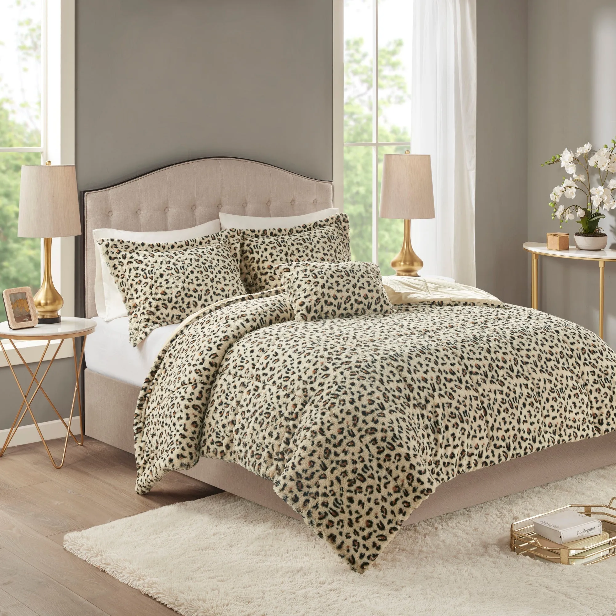 Marselle Faux Fur Comforter Set Snow Leopard