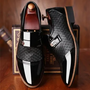 Men's PU Patent Leather Shoes with Designer Print and Buckle Details