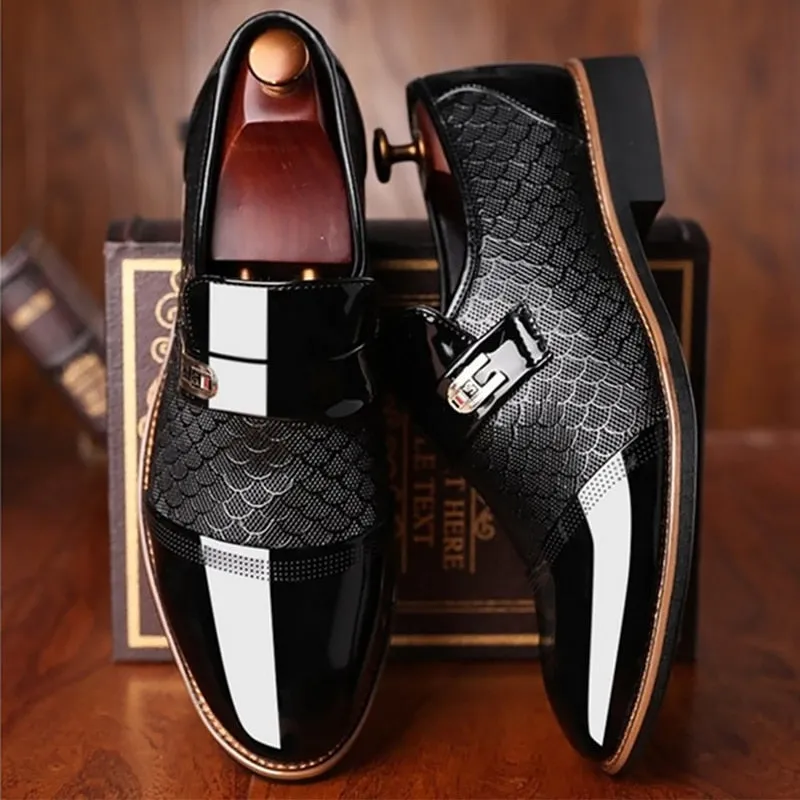 Men's PU Patent Leather Shoes with Designer Print and Buckle Details