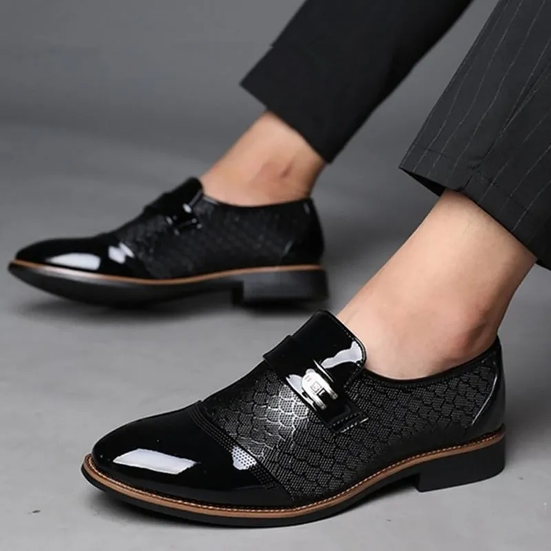 Men's PU Patent Leather Shoes with Designer Print and Buckle Details