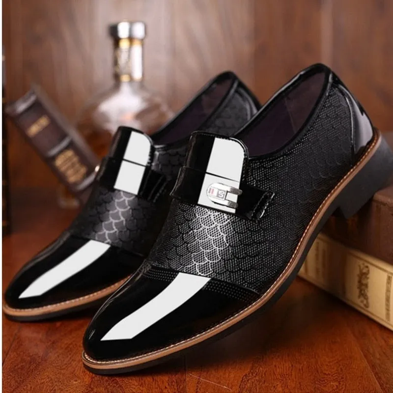 Men's PU Patent Leather Shoes with Designer Print and Buckle Details