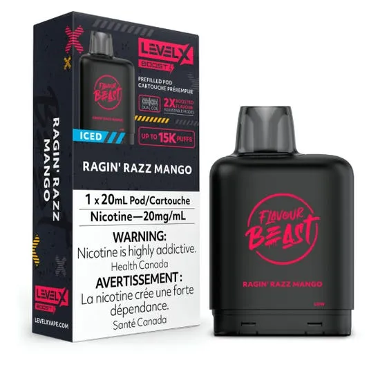 (NEW!) Flavour Beast Level X 15k puff BOOST disposable pods - Ragin' Razz Mango Iced