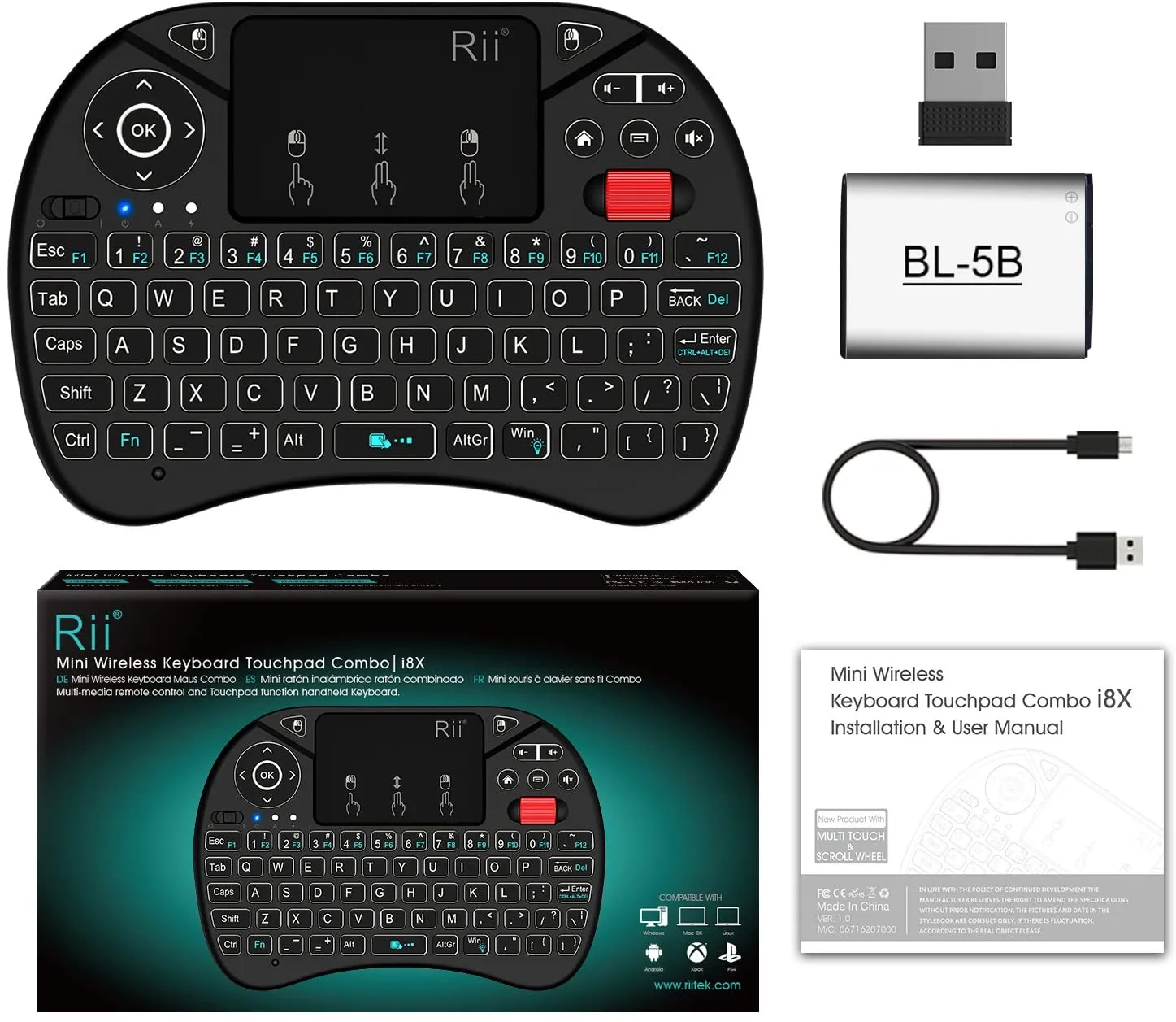 New Mini Wireless Keyboard,Rii i8X Portable 2.4GHz Wireless Keyboard with Touchpad Mouse, LED Backlit, Rechargeable Li-ion Battery-Black