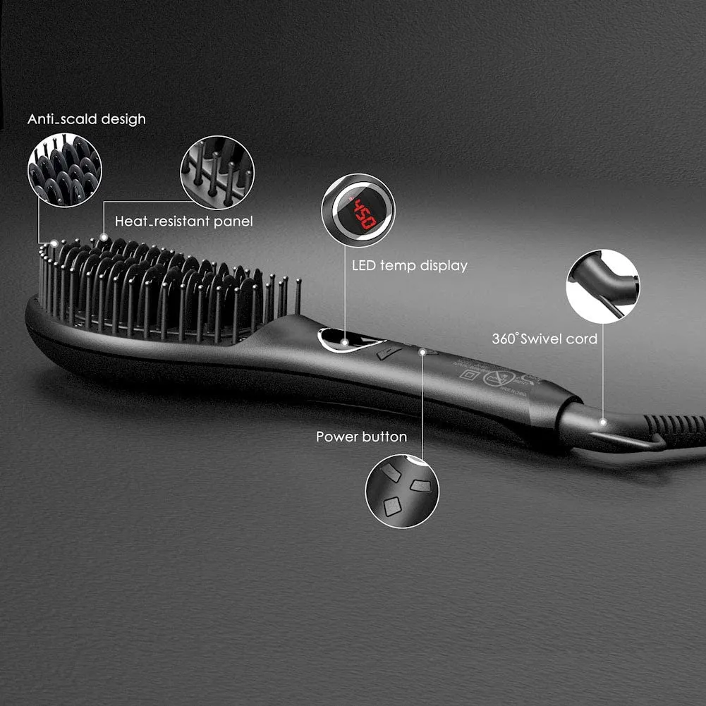 NIB! Jinri Professional Hair Straightener Brush, Fast Heating Hair Straightening Iron with Built-in Comb Auto Shut Off & LED Digital Display & Anti Scald Teeth(Black)