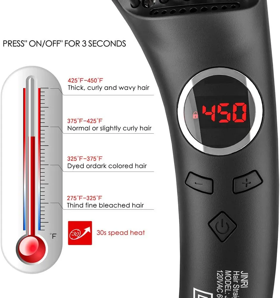 NIB! Jinri Professional Hair Straightener Brush, Fast Heating Hair Straightening Iron with Built-in Comb Auto Shut Off & LED Digital Display & Anti Scald Teeth(Black)