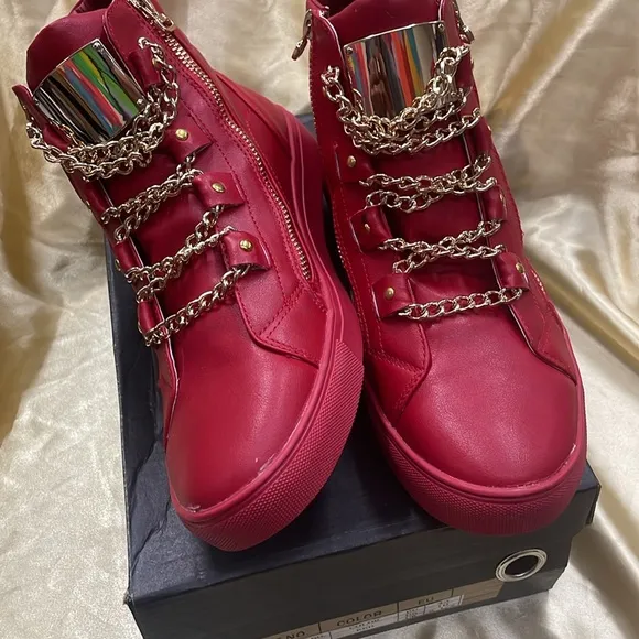 NWB FIESSO ENCORE DAMAGE LEATHER RED SHOE FI6901 hi top boot zipper