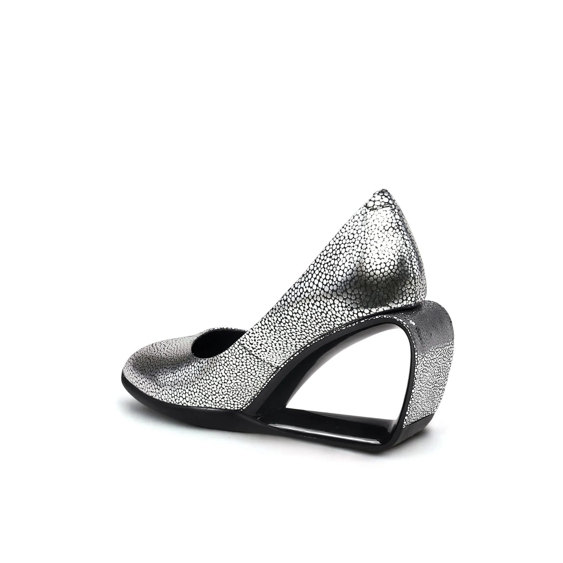 Open Triangle-Heel Leather Pump - Silver