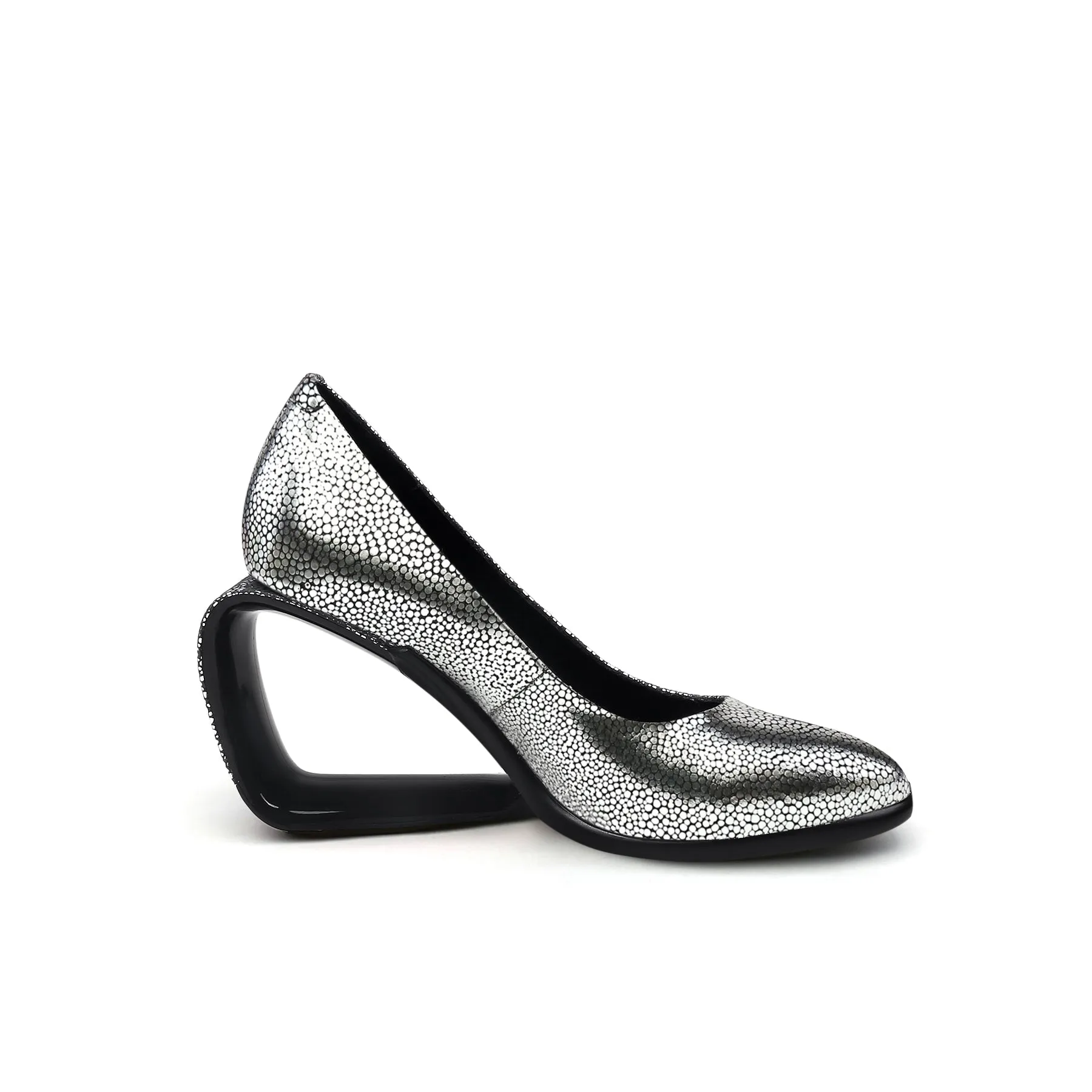 Open Triangle-Heel Leather Pump - Silver