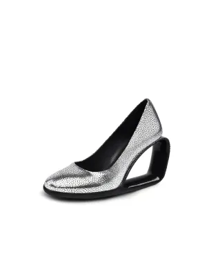 Open Triangle-Heel Leather Pump - Silver