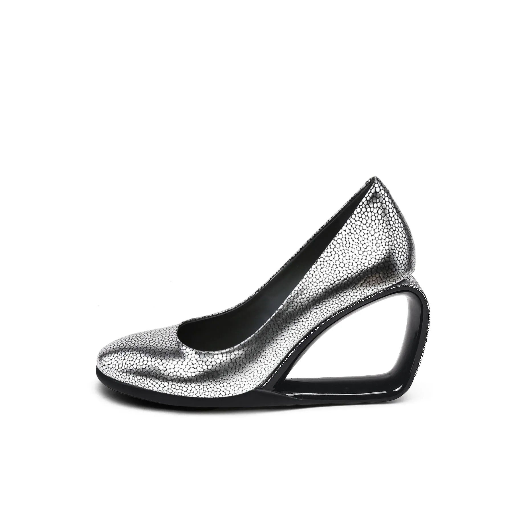 Open Triangle-Heel Leather Pump - Silver